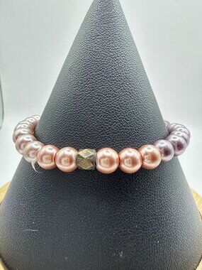 Faux Rose Gold Lavender Pearl Beaded Bracelet Antique Bronze Cube Focal